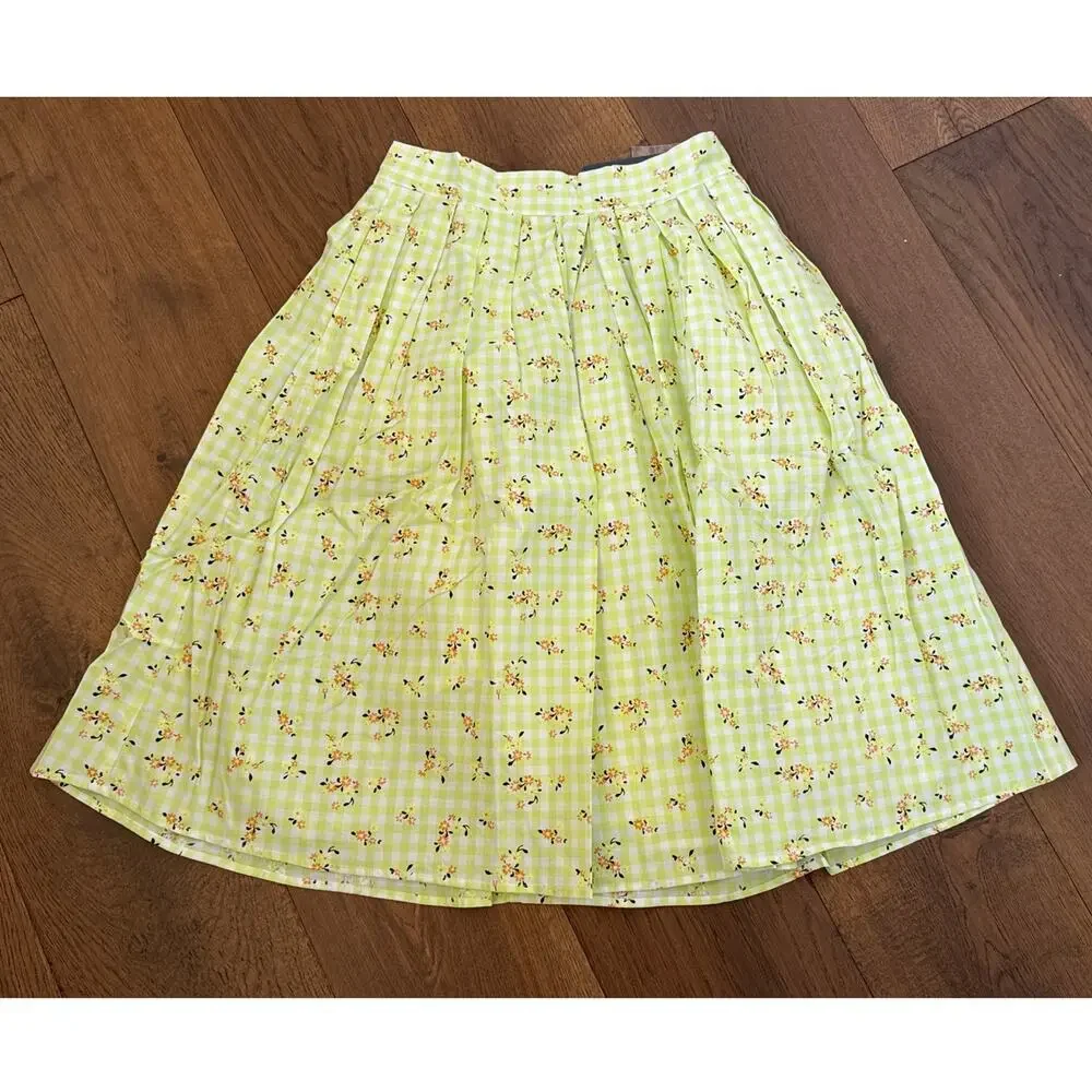 ModCloth Imagine the Possibilities Pleated Skirt Green Gingham Cottage 2 NWT